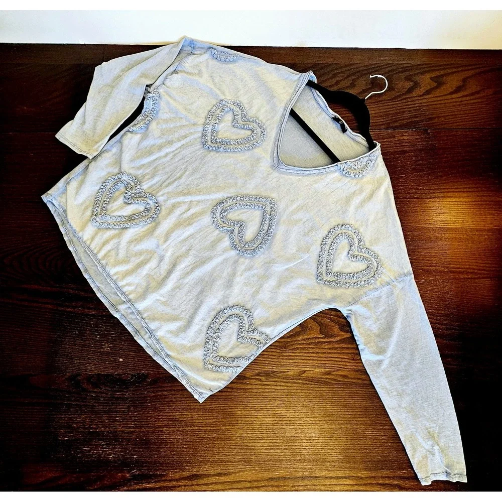 Made in Italy 100% Cotton Heart‎ Appliqué Lagenlook Oversized Boho Top Size O/S
